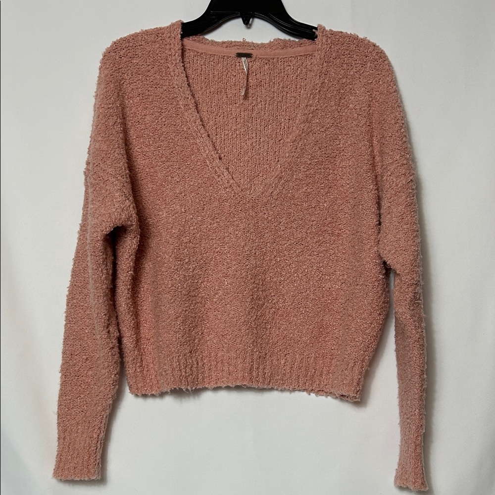 Free People Blush V-Neck Long Sleeve Crop Top Soft Plush Sweater